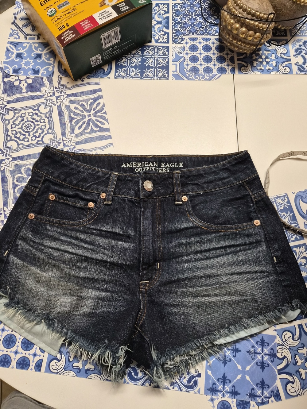American Eagle Outfitters Dark Blue Frayed Hem Denim Shorts